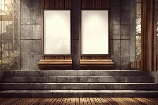 Two blank vertical posters on a stone wall with wooden benches and steps - Powered by Adobe