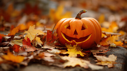 Autumn's Grin: A Carved Jack-o'-Lantern on a Bed of Colorful Fall Leaves