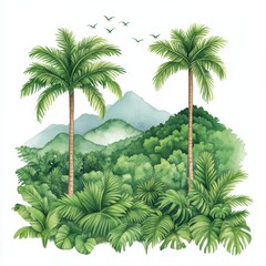 Lush Tropical Landscape with Palm Trees and Green Mountains