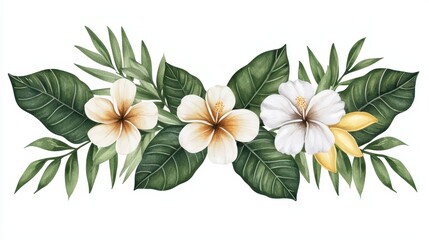 Elegant Tropical Floral Arrangement with Green Leaves and Blooms