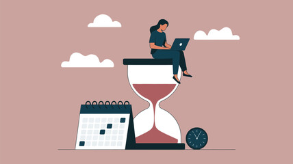 Woman working on a laptop atop a giant hourglass with a calendar and clock symbolizing time management