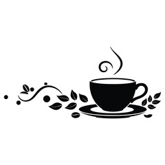 Coffee cup with beans and leaves silhouette vector