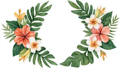 Tropical Floral Arrangement with Leaves and Colorful Blooms