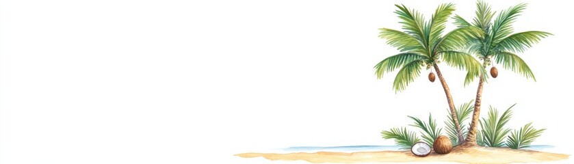 Tropical palm trees on a sandy beach with shells and coconuts