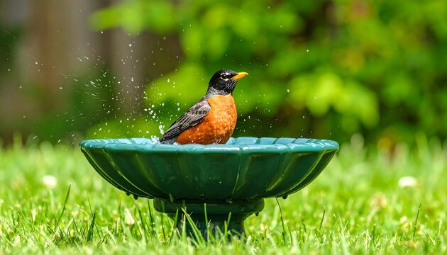Bird bathing in a garden