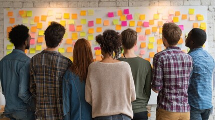 business people in office cooperating at the wall with the stickers mixed team of entrepreneurs no logos no brands ar 169