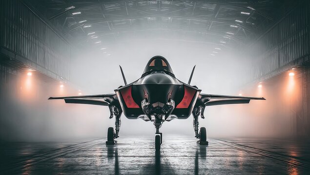 Stealth fighter jet in hangar