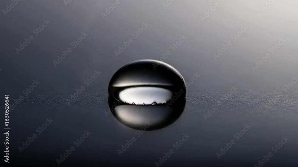 Poster isolated water droplet on smooth surface with reflections and dark gray gradient background in studi