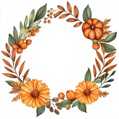 Vibrant Autumn Floral Wreath with Orange Blooms and Leaves