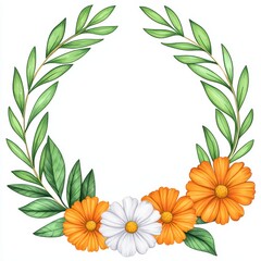 Floral Wreath with Green Leaves and Colorful Flowers Decoration