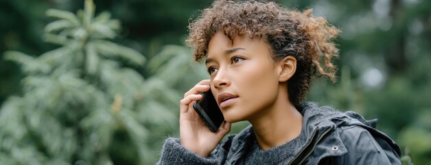 A woman holds an smartphone, smiling while having a video call with a friend, surrounded by autumn foliage and a cozy coffee setting