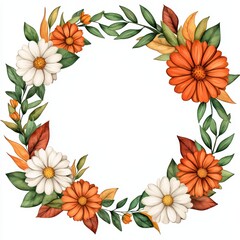 Floral Frame with Orange and White Daisies and Green Leaves