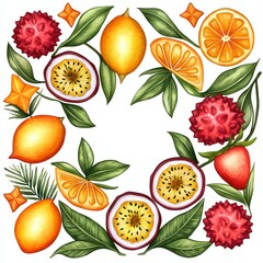 Colorful Arrangement of Exotic Fruits and Green Leaves