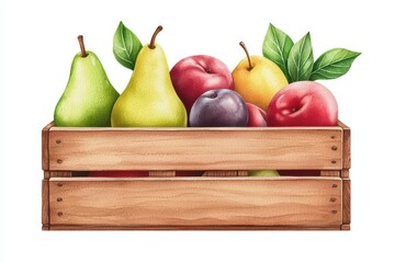 Fresh Fruits in a Wooden Crate with Green Leaves Display