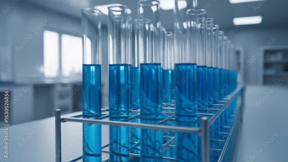 Aufkleber array of test tubes filled with blue liquid on a metal rack in a research laboratory with diffuse li
