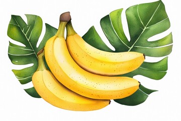 Fresh Bananas with Tropical Leaves Background Decoration
