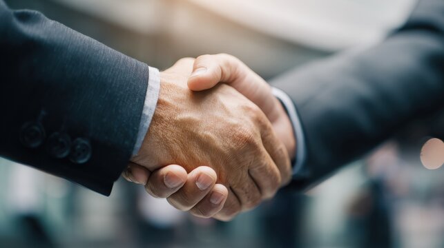 two happy diverse professional business men executive leaders shaking hands after successful financial deal at group board office meeting trust agreement company trade partnership handshake concept n