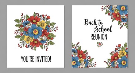 Two cards with floral designs and text for an invitation and school reunion announcement