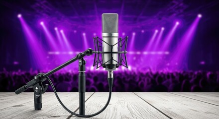Obraz premium Professional Studio Condenser Microphone on Stage with Purple Lights