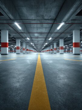 symmetrical perspective of a large empty parking garage with a vanishing point