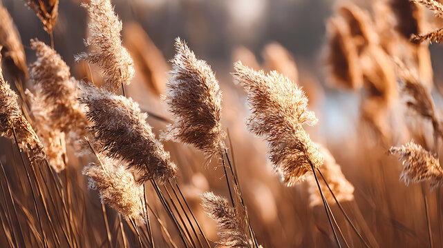 Feathery Reed Plumes Glowing in the Warmth of Golden Hour Light