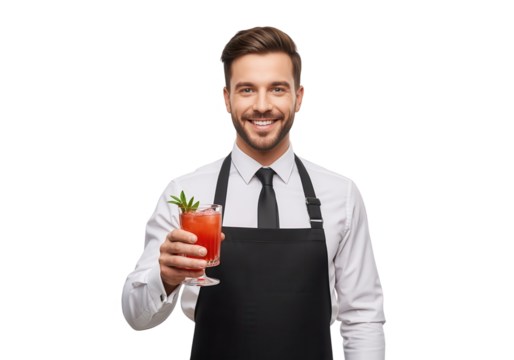 Smiling Bartender Holding a Cocktail on White