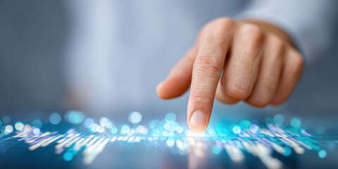 Finger touching digital screen with esg business planning for future growth and innovation in technology strategy