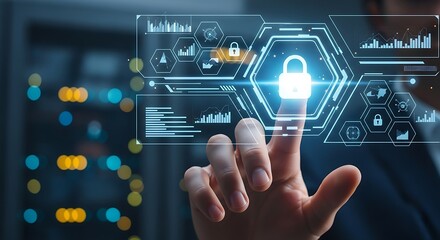 Finger Touching a Glowing Padlock Icon on a Futuristic Cybersecurity Dashboard