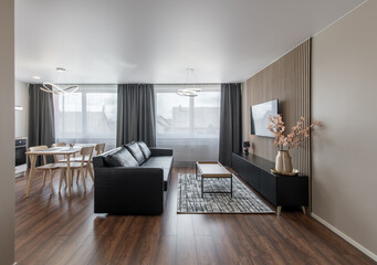 Modern Home Living Room and Kitchen Interior. Luxurious Stylish Modern Apartment. Open Space