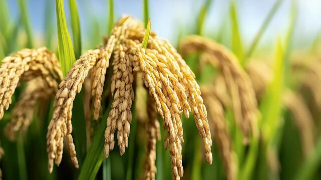 Sun-Kissed Golden Rice Panicles Swaying Gently in a Lush Agricultural Field Before Harvest.