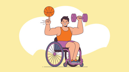 A man in a wheelchair is balancing a basketball on his finger while lifting a dumbbell