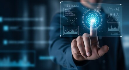 Finger Touching a Glowing Gear Icon on a Digital Settings Interface