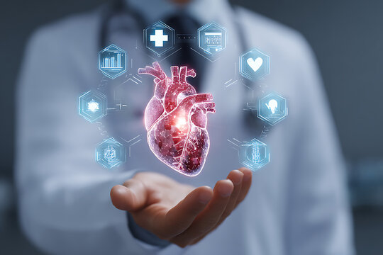 Futuristic Cardiology: Doctor's Hand Cradling a Glowing Holographic Heart with a Digital Health Interface.