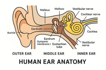 Human Ear Anatomy Illustration of Outer, Middle, and Inner Ear, Showing the Cochlea and Eustachian Tube