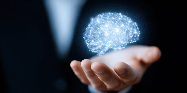 Holographic brain artificial intelligence neural network digital innovation technology futuristic glowing human hand