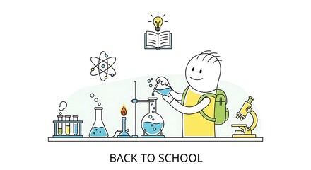 Cartoon student doing science experiment with beakers and microscope in a laboratory setting