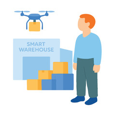 Flat Style Smart Warehouse with Drone Delivery Man Illustration Graphic