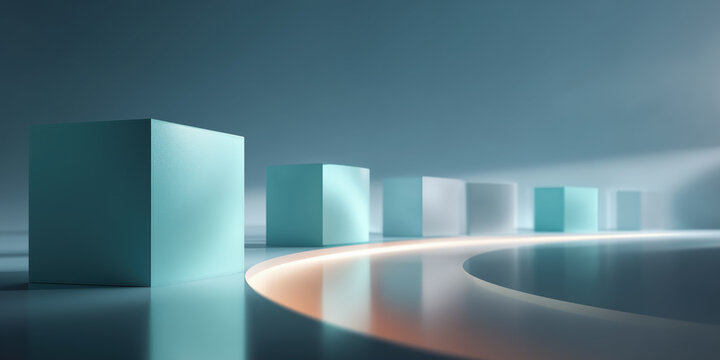 Large blue cubes along curved glowing strip, calm digital minimalism and modern order