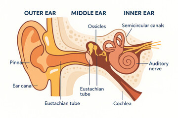 Human Ear Anatomy Illustration: Outer, Middle, and Inner Ear with Key Structures [Illustration]