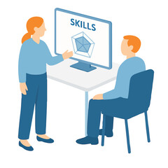 Flat Style Woman Explaining Skills Chart to Man in Office Illustration
