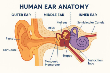Human Ear Anatomy Illustration: Outer, Middle, and Inner Ear Parts, Educational Diagram [Illustration]