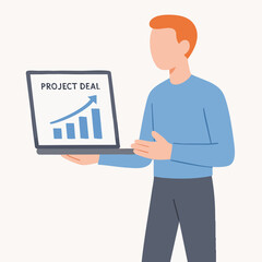 Minimalist Flat Illustration of Businessman Presenting Project Deal on Laptop