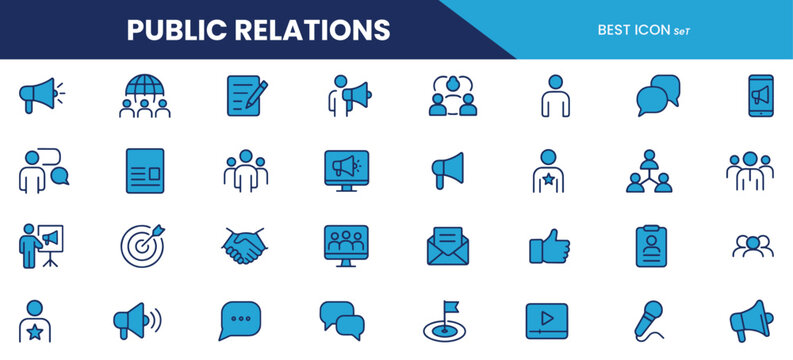 Public Relations Line Icons – Media, Communication, and Branding Symbols