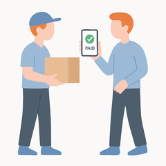 Flat Style Illustration of Delivery Man Showing Paid Sign on Smartphone
