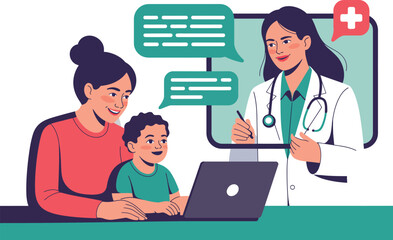 A doctor is having a telemedicine consultation with a mother and child on a laptop