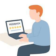 Flat Design Man Giving Feedback with Laptop Illustration Graphic Asset