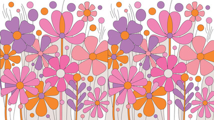 A groovy floral pattern with pink, purple, and orange flowers creates a retro and decorative background