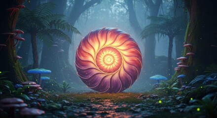 Mystical glowing spiral orb in an enchanted fantasy forest setting vibrant light and surreal atmosphere