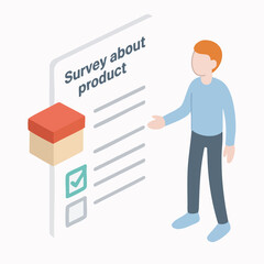 Isometric Man Presenting Product Survey With Checklist Form Illustration