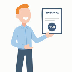 Flat Style Smiling Man Presenting Final Business Proposal Document Illustration